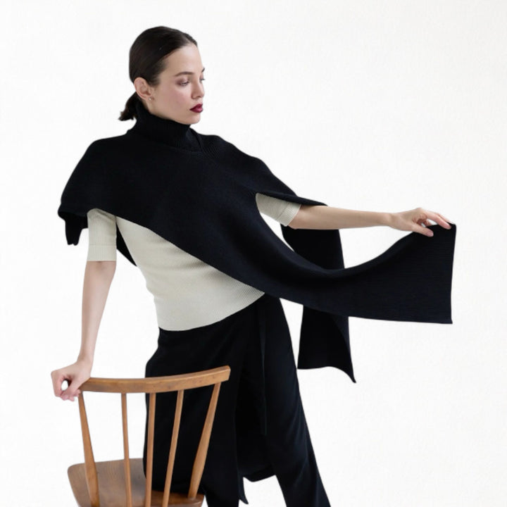 Black And Beige Two Piece Knit Shawl And Pullover