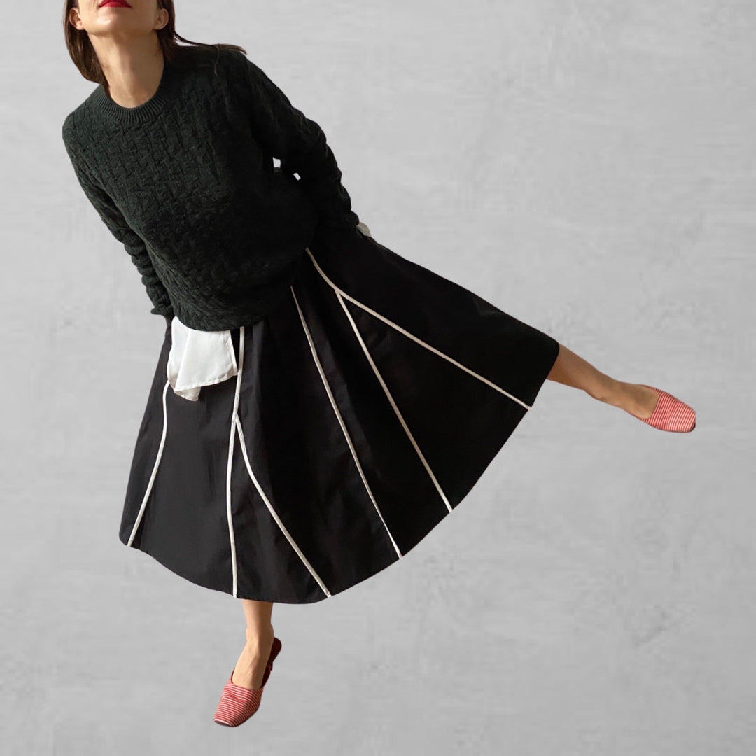 Black full skirt with panels and white contrast tape