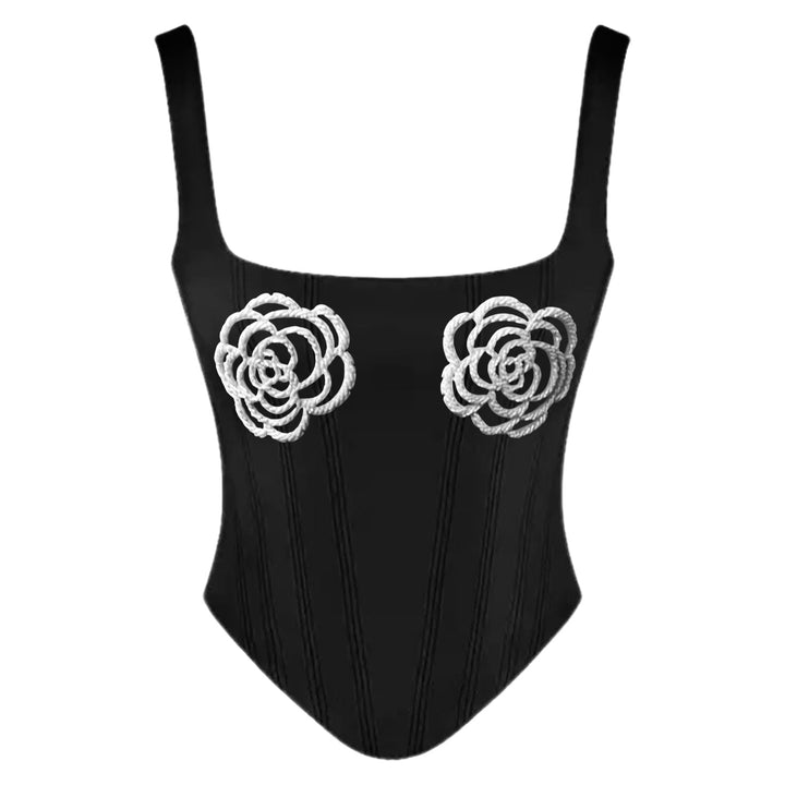 Black rib knit corset top with hand beaded flower appliqué