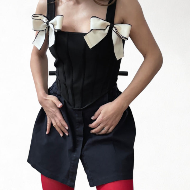Black rib knit corset top with bows