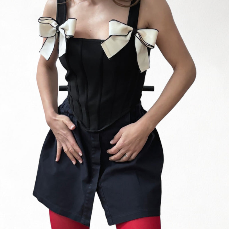 Black Rib Knit Corset Top With Bows