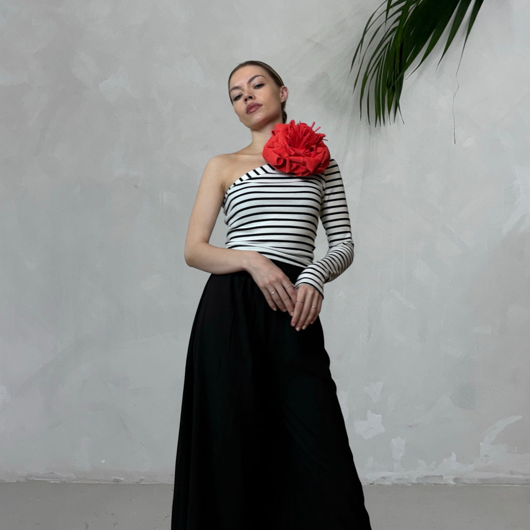 Striped One Sleeve Top With Red Flower Pin