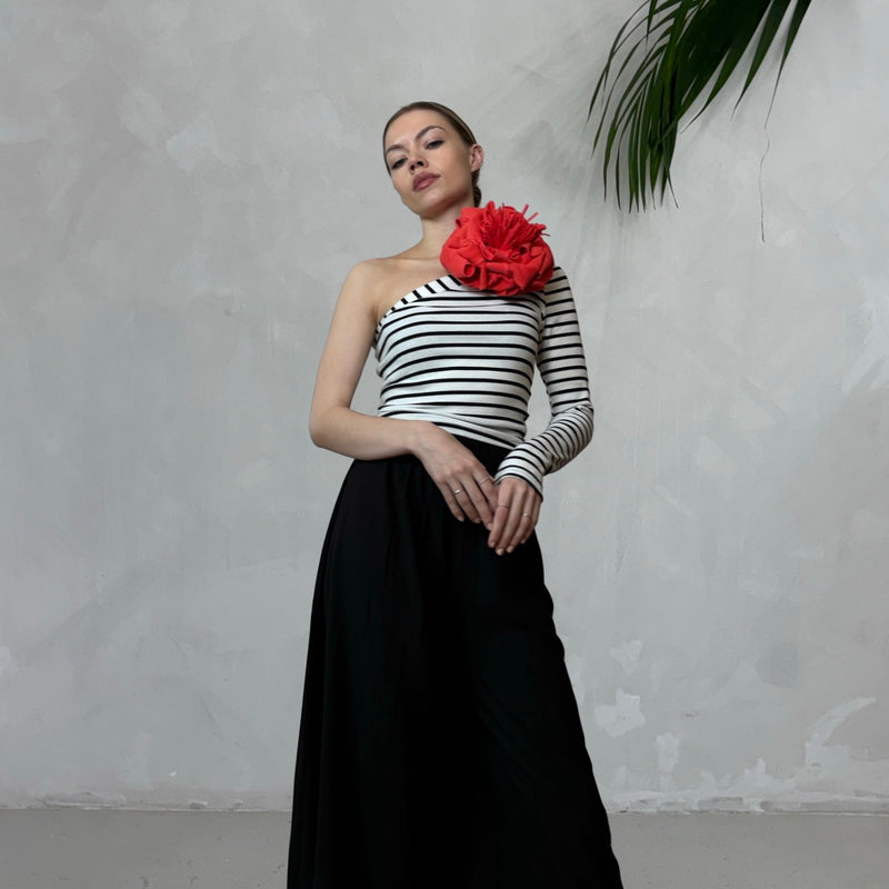 Striped One Sleeve Top With Red Flower Pin