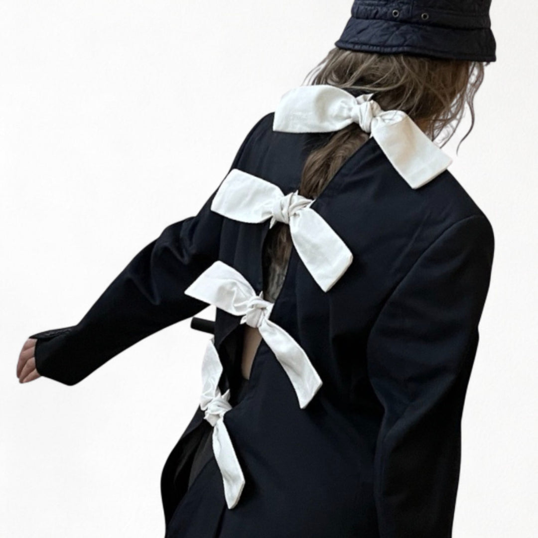 Reworked men blazer with back cut out and white bows