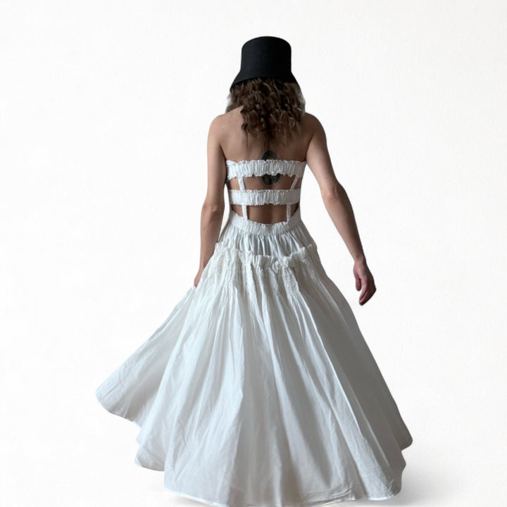 White cotton strapless smocked maxi dress