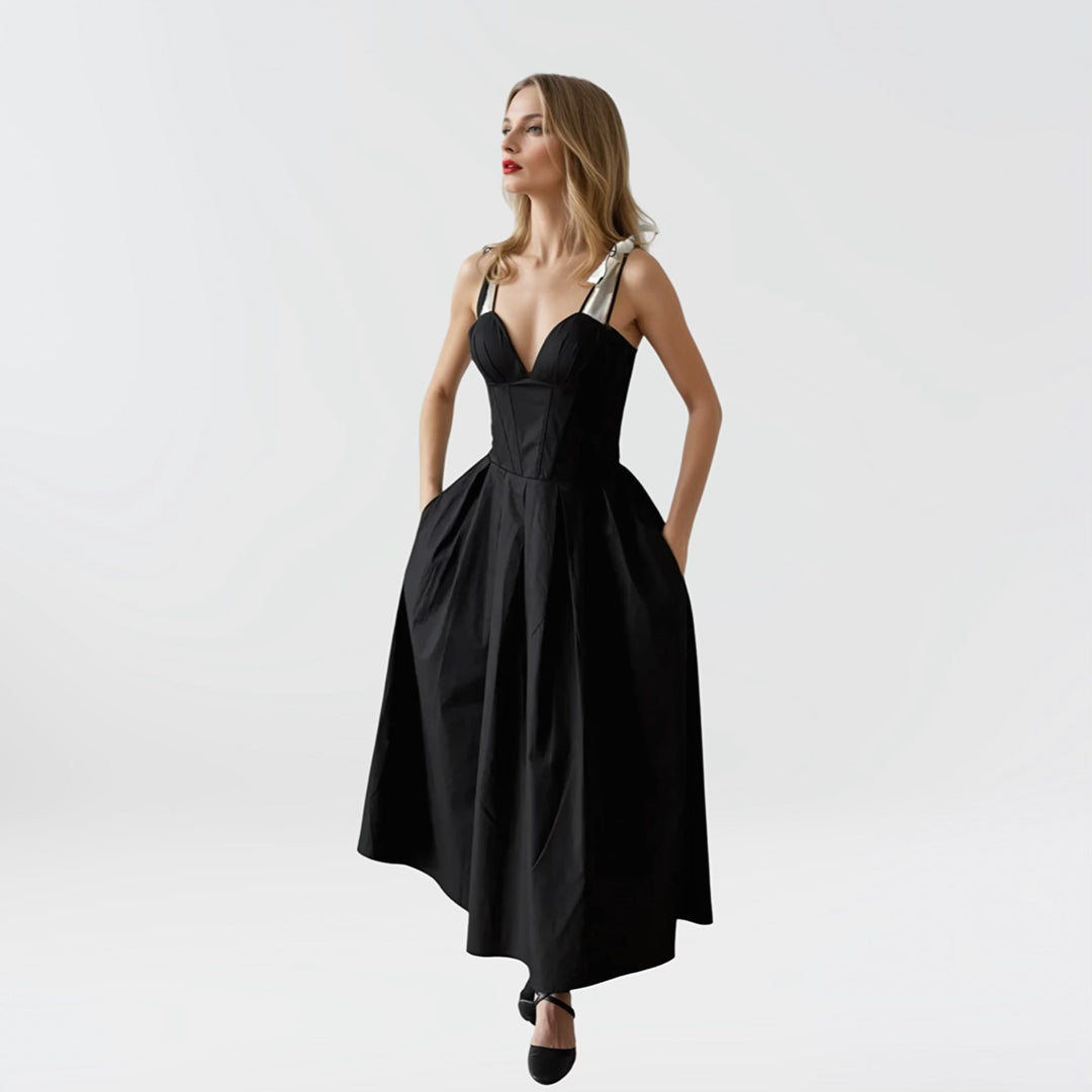Black corset dress with contrasting trap ties