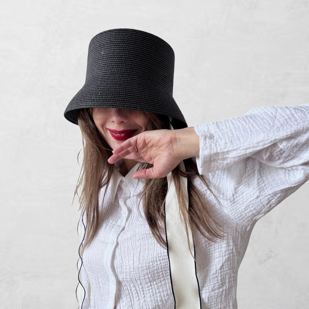 Black rigid bucket hat with ties