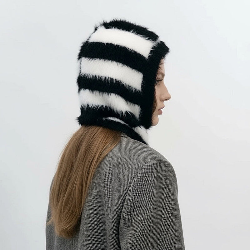 Striped Black And White Striped Fuzzy Balaclava