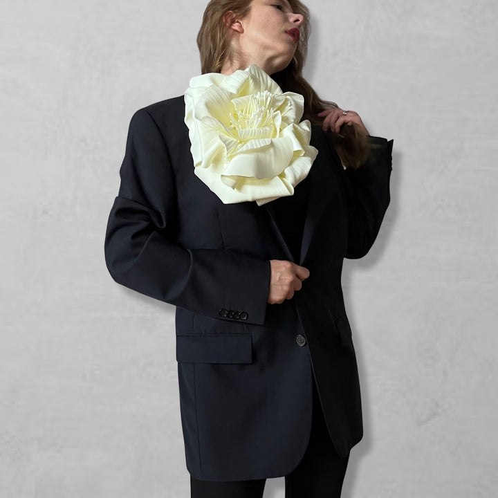 Reworked oversize blazer with big white flower pin