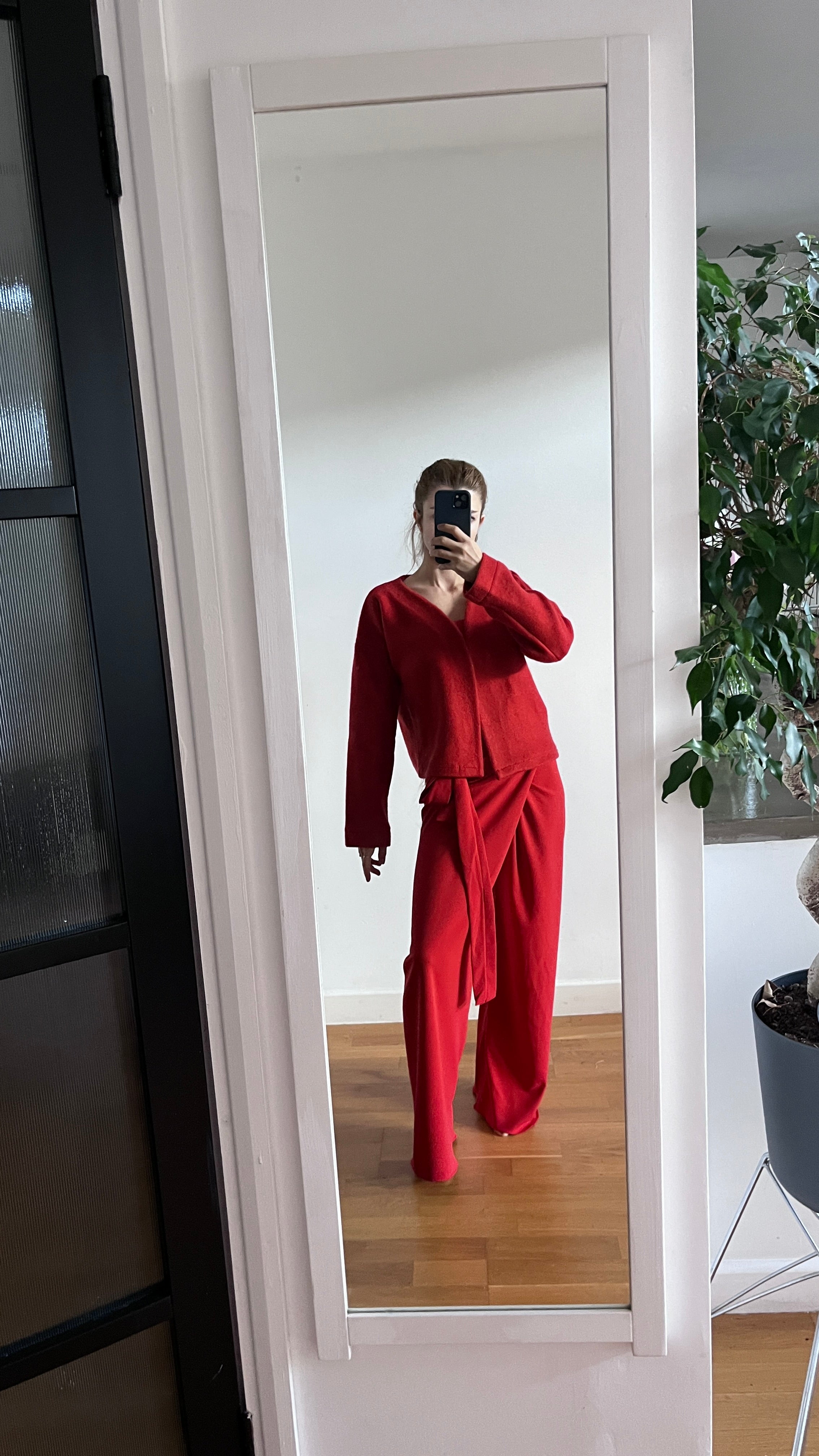 Red corset and wrap wide leg trousers co ordinates set