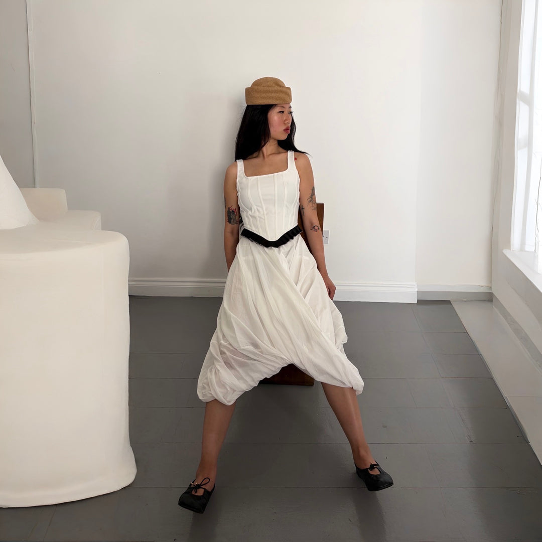 White Rib Knit Corset Top With Ruffle