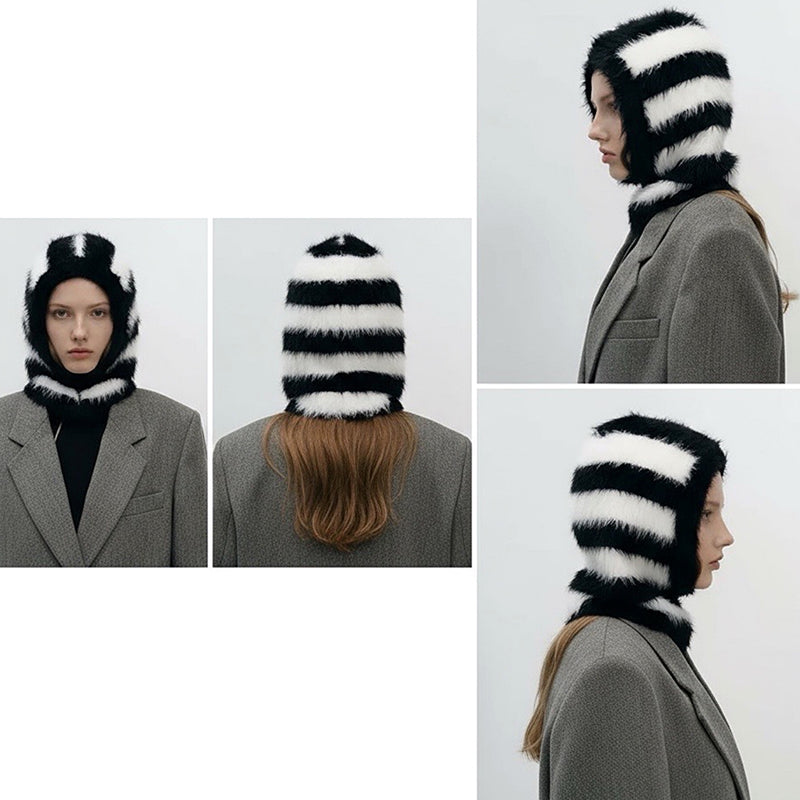 Striped Black And White Striped Fuzzy Balaclava
