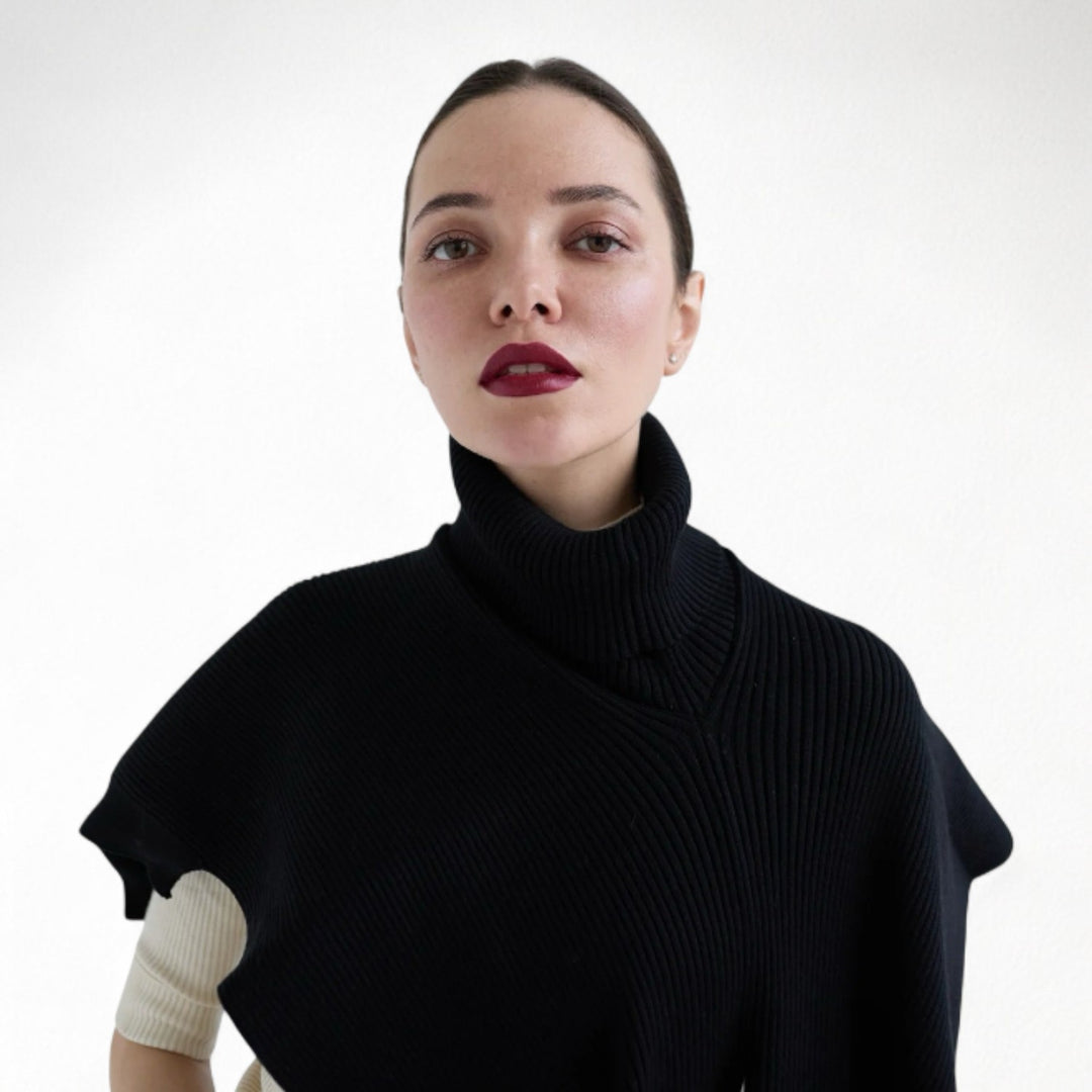 Black And Beige Two Piece Knit Shawl And Pullover