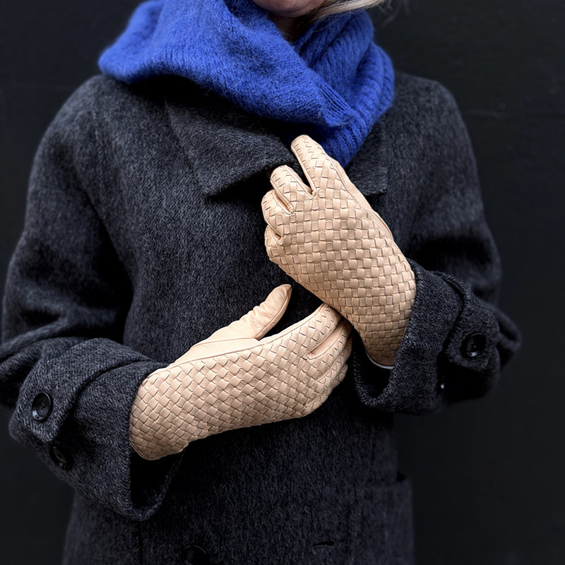 Beige Woven Leather Short Gloves