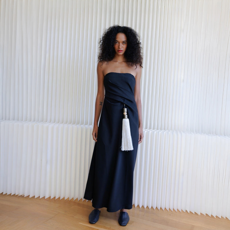 Black Strapless Dress With Asymmetrical Folds And Pearl Detail (Copy)