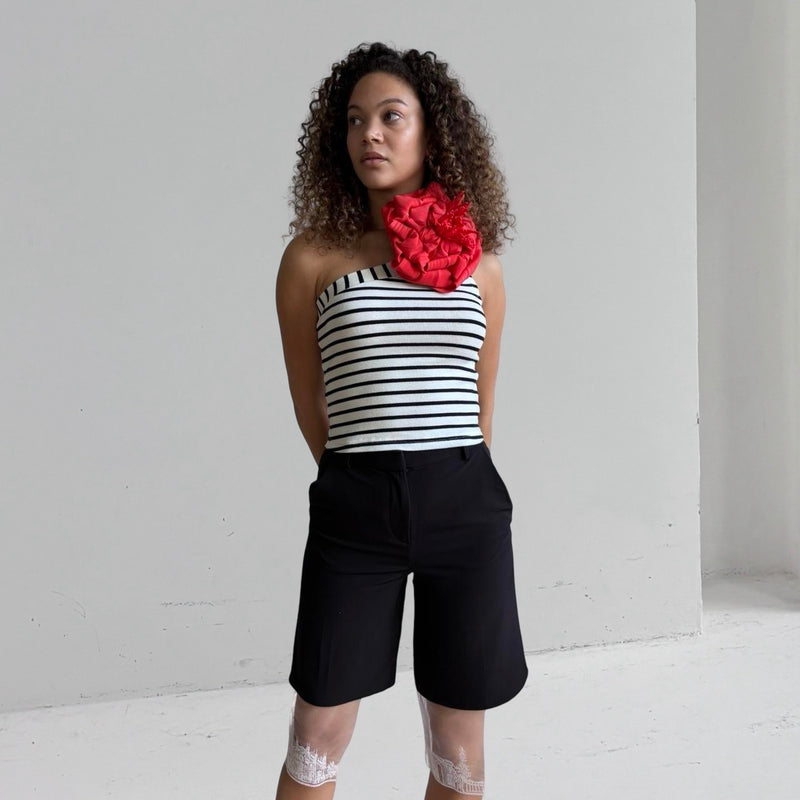 Striped One Shoulder Top With Red Flower Pin