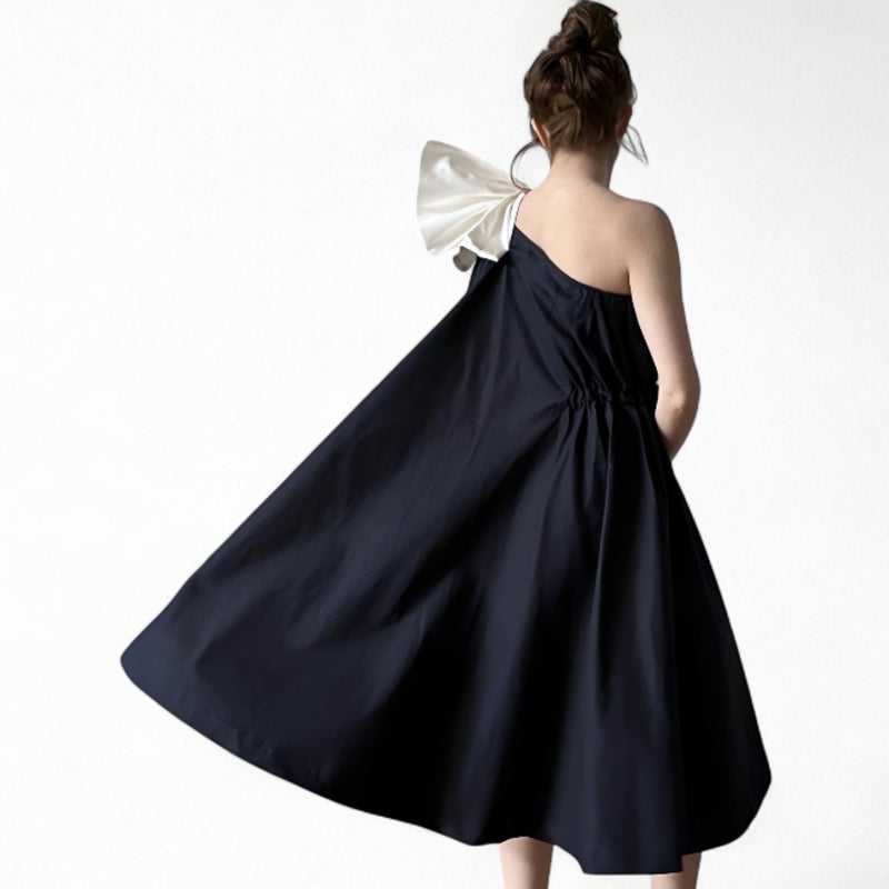 Navy Cloche Dress With One Shoulder White Bow