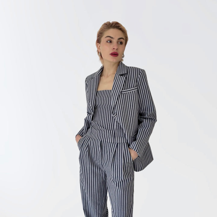 Blue White Striped Blazer Trousers Corset And Tote Bag Four Piece Set