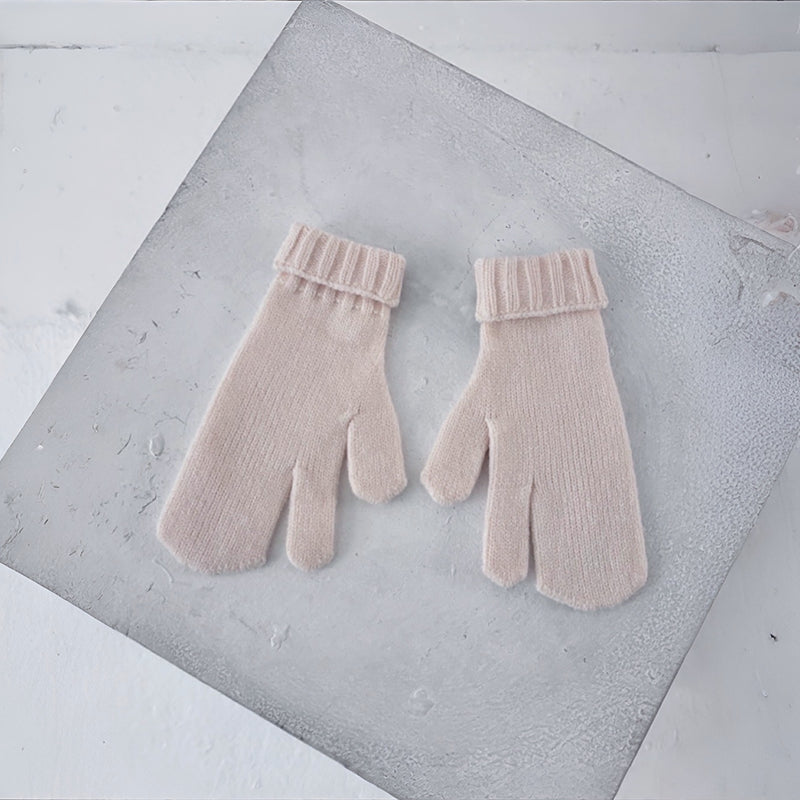 Beige Soft Two Finger Knitted Mitten Gloves