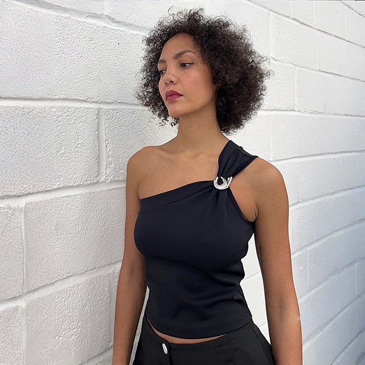 Black One Shoulder Top With Brooch