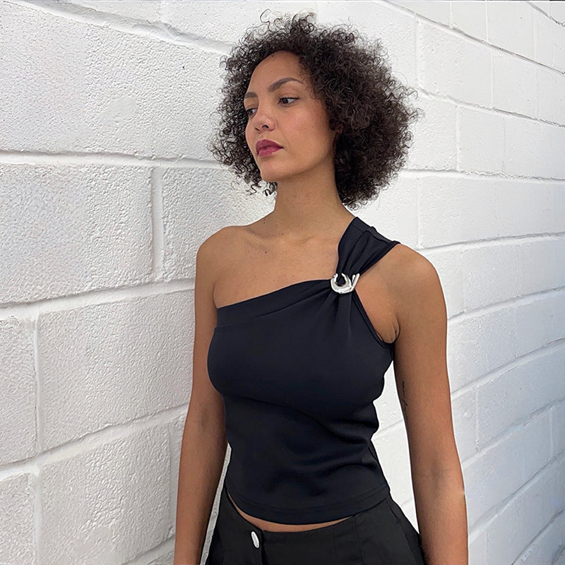 Black One Shoulder Top With Brooch