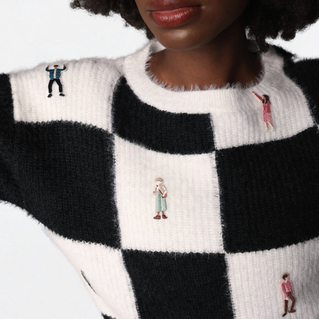 Checkered knit cardigan with embroidery patches