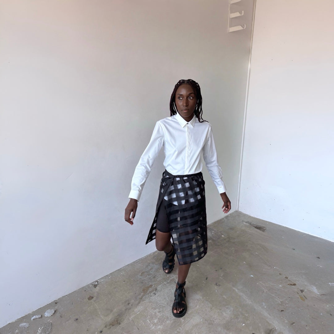 Black checkered organza wrap skirt