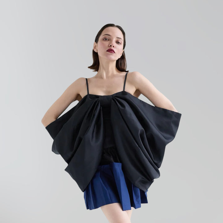 Black satin exaggerated bow top with straps