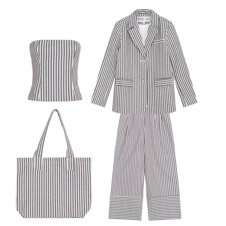 Black White Striped Blazer Trousers Corset And Tote Bag Four Piece Set