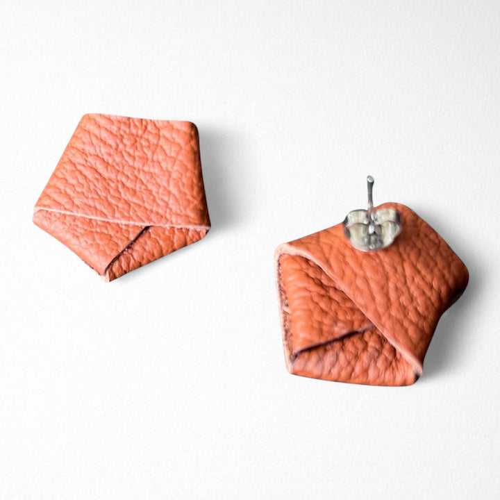Origami grainy rust brown leather stud earrings