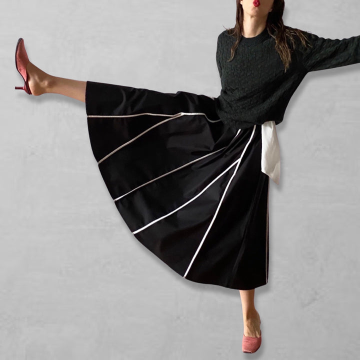 Black full skirt with panels and white contrast tape