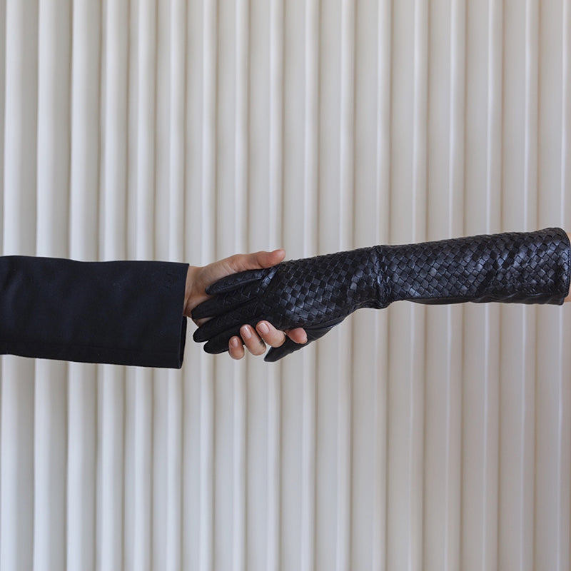 Black Woven Leather Long Gloves