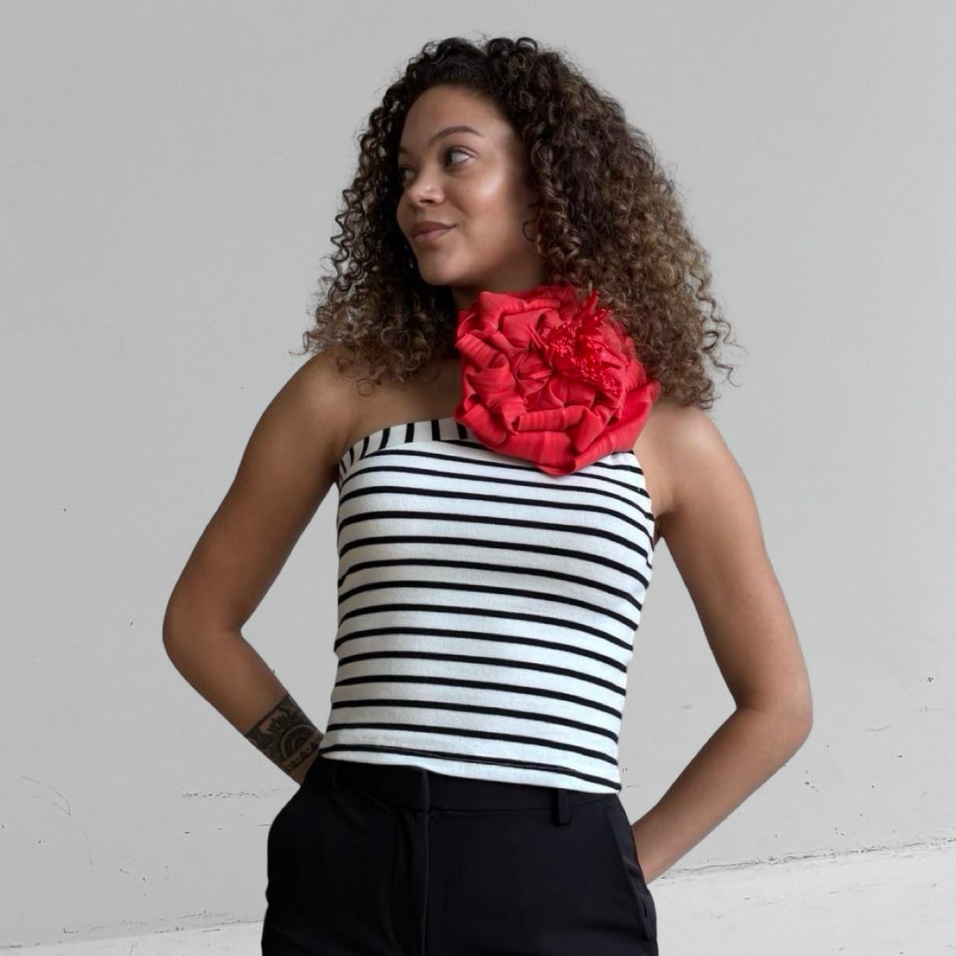 Striped One Shoulder Top With Red Flower Pin
