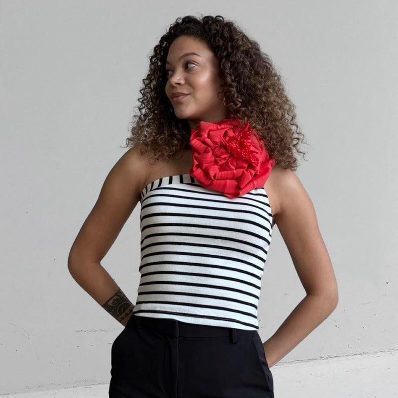 Striped One Shoulder Top With Red Flower Pin