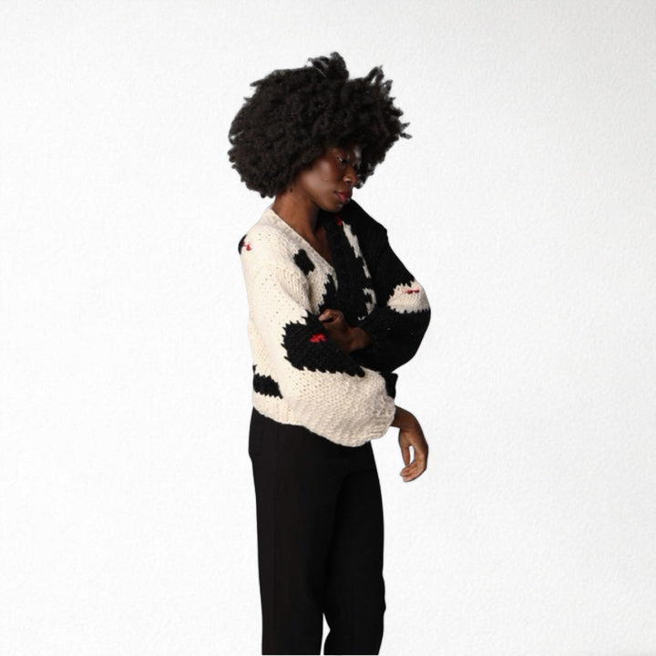 Asymmetrical geometric motif chunky knit cardigan