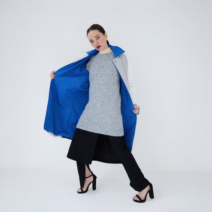 White Grey Blue Patchwork Colour Block Quilt Long Jacket