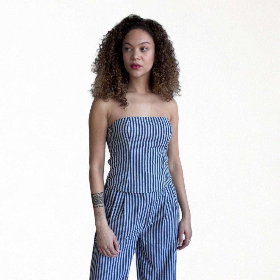 Blue White Striped Strapless Corset