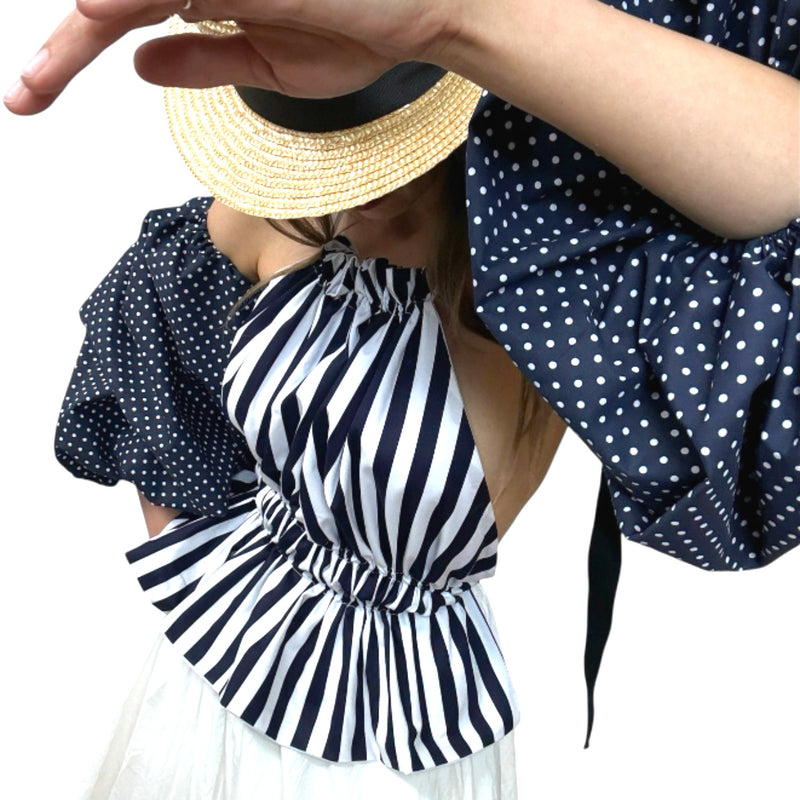 Navy White Striped Halter Top With Balloon Sleeves