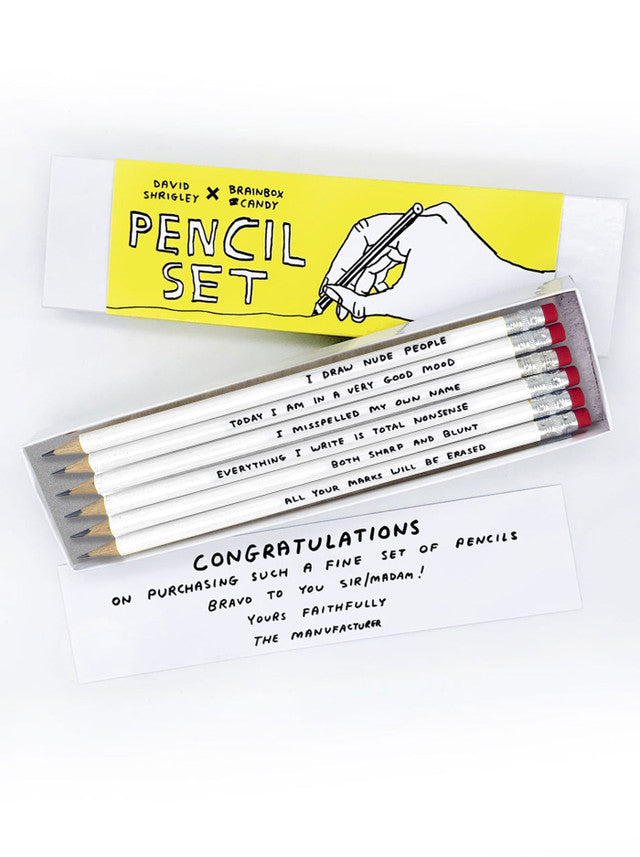 David Shrigley Funny Pencil Box Gift Six Designs Set One