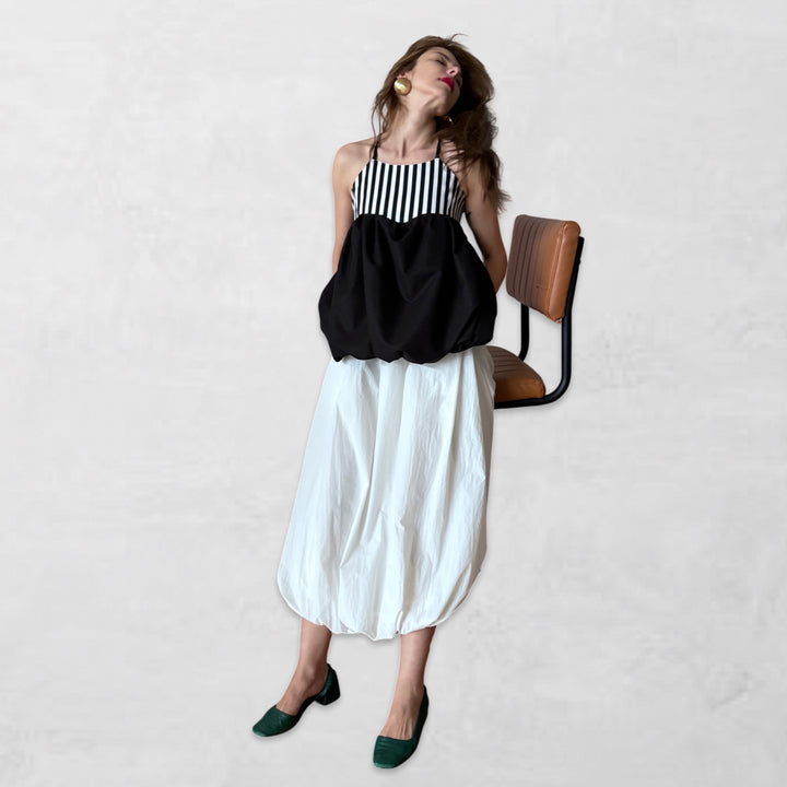 Black and white backless halter balloon top and skirt set