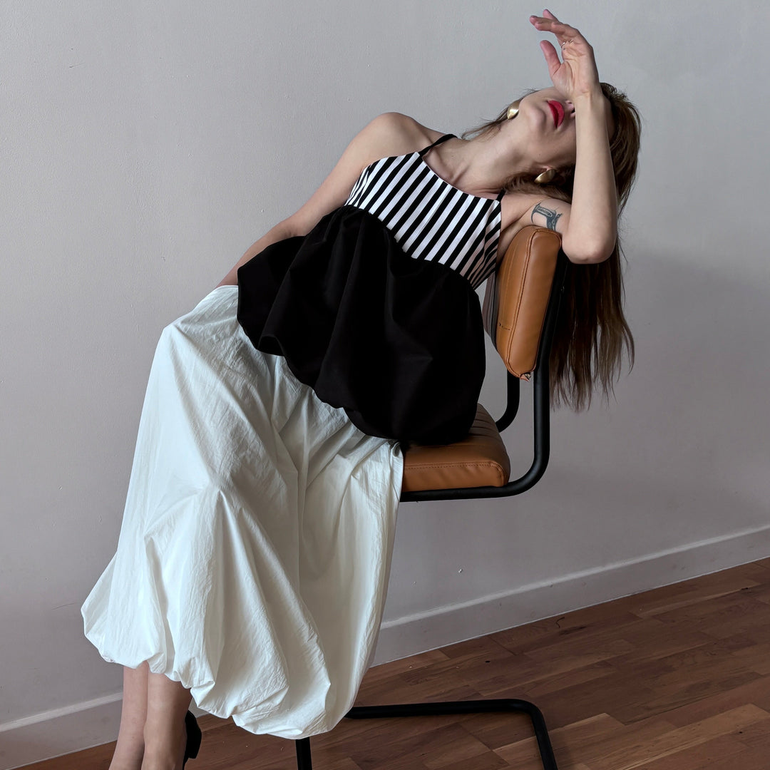 Black and white backless halter balloon top and skirt set