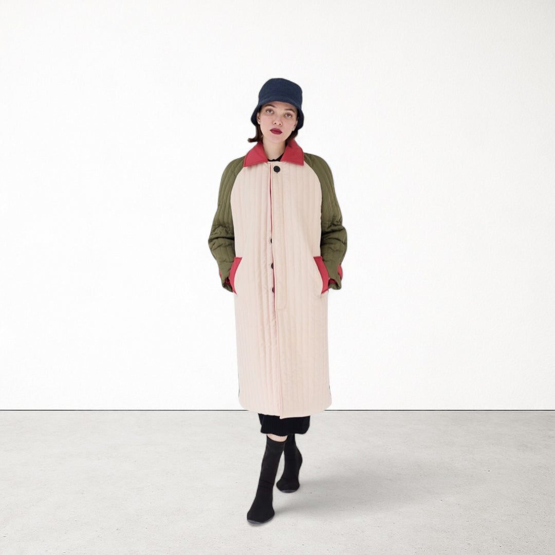 Beige Khaki Patchwork Color Block Quilt Long Jacket