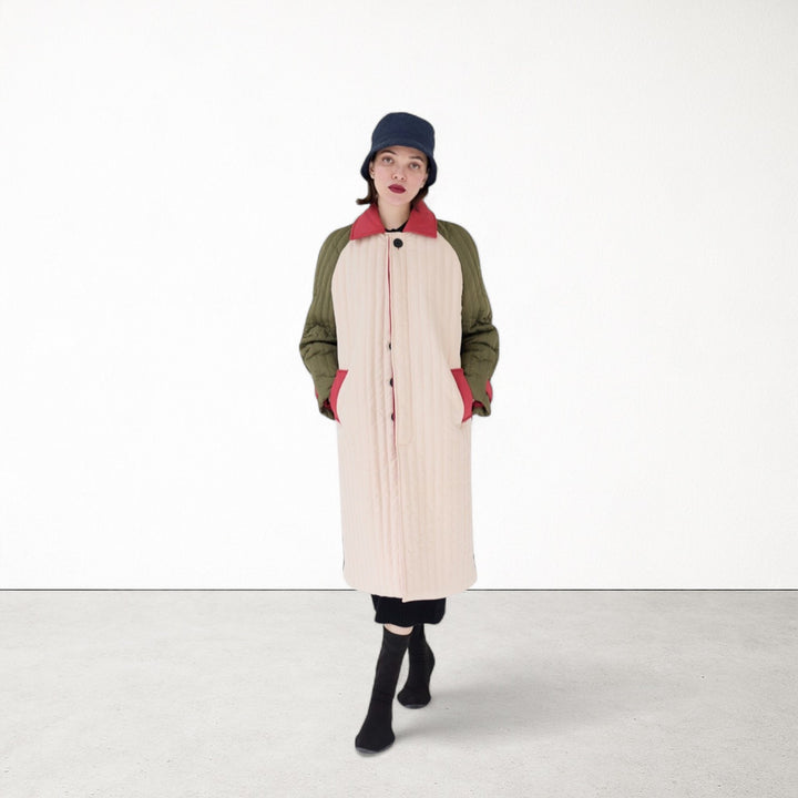Beige Khaki Patchwork Color Block Quilt Long Jacket