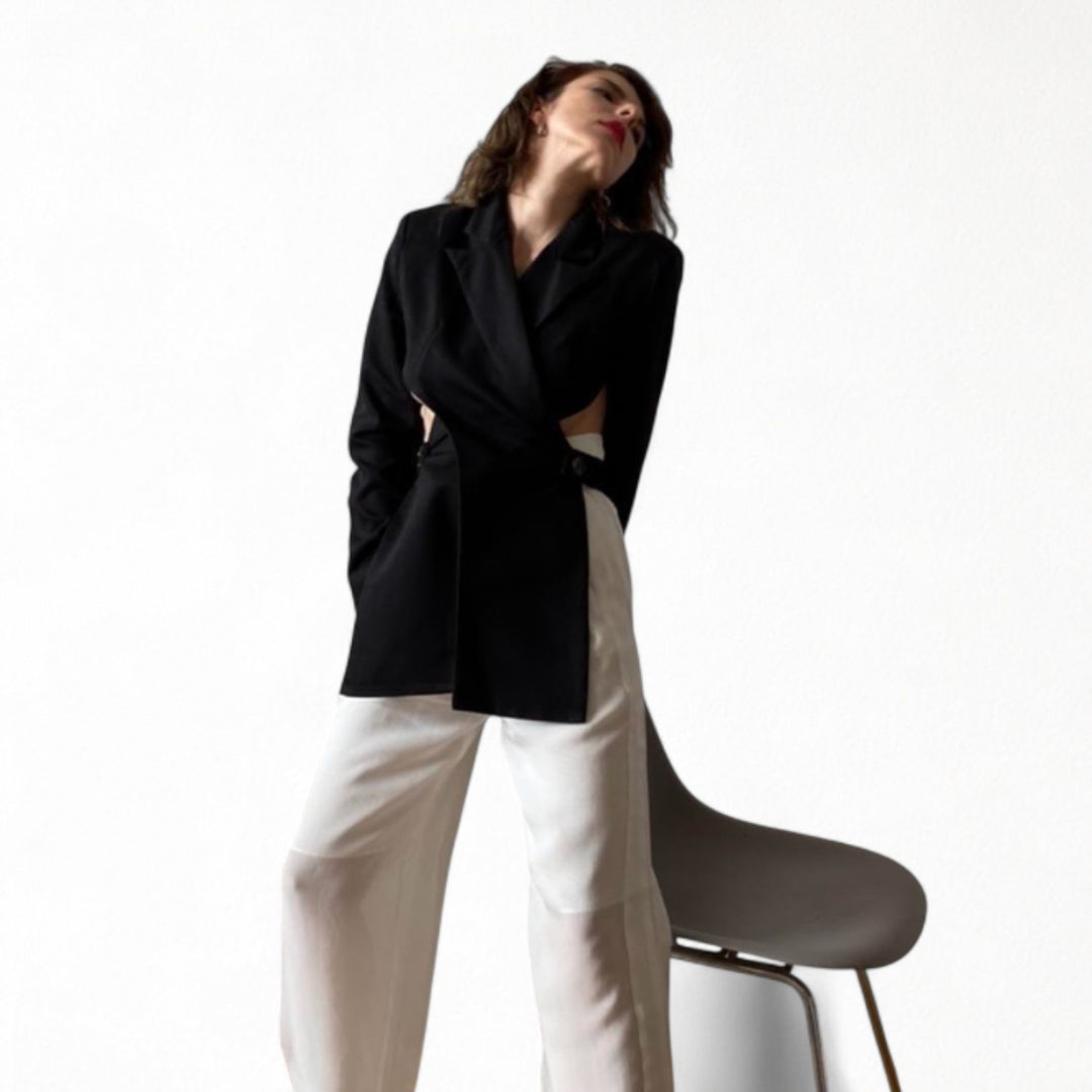 Reworked black blazer with wrap detail and cut out back
