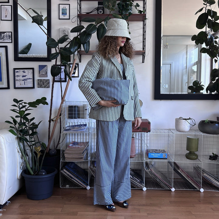 Blue White Striped Blazer Trousers Corset And Tote Bag Four Piece Set