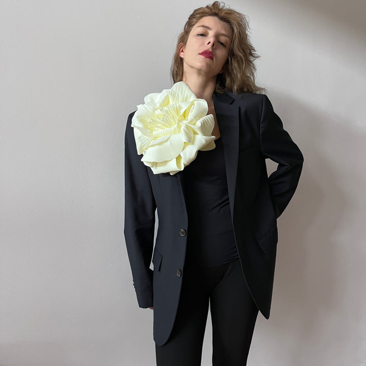 Reworked oversize blazer with big white flower pin