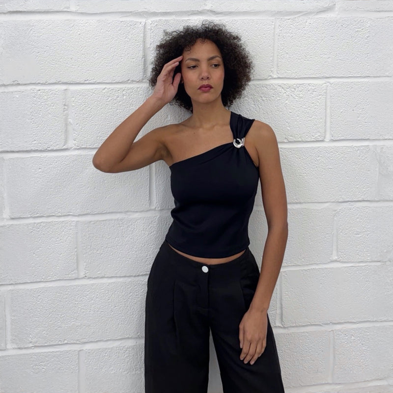 Black One Shoulder Top With Brooch
