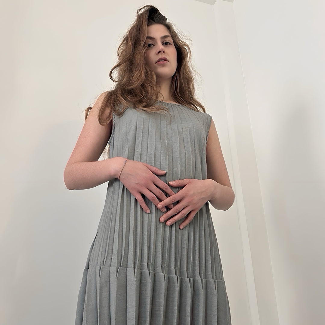 Grey Accordion Layer Pleated Midi Dress