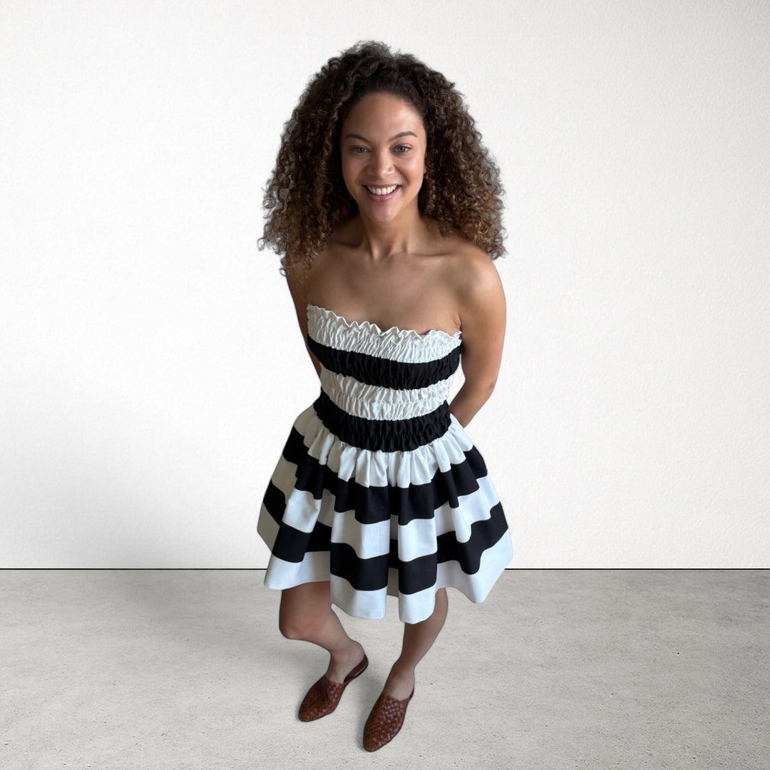 Wide stripes smocked mini strapless dress