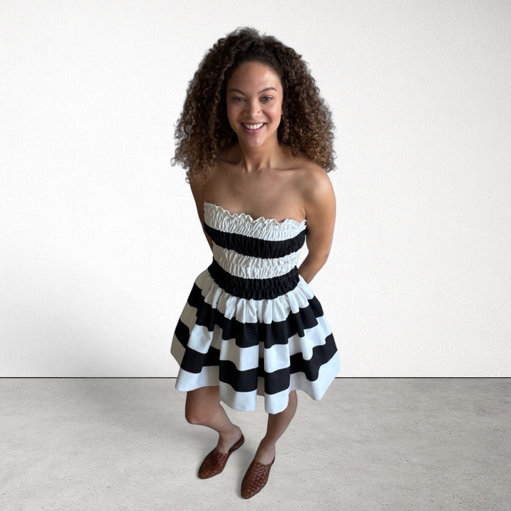 Wide stripes smocked mini strapless dress